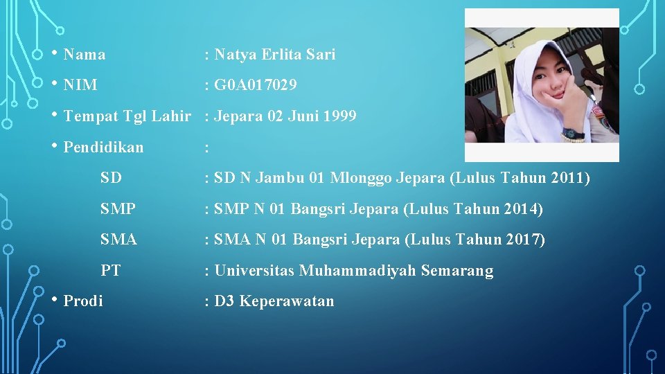  • Nama • NIM • Tempat Tgl Lahir • Pendidikan : Natya Erlita