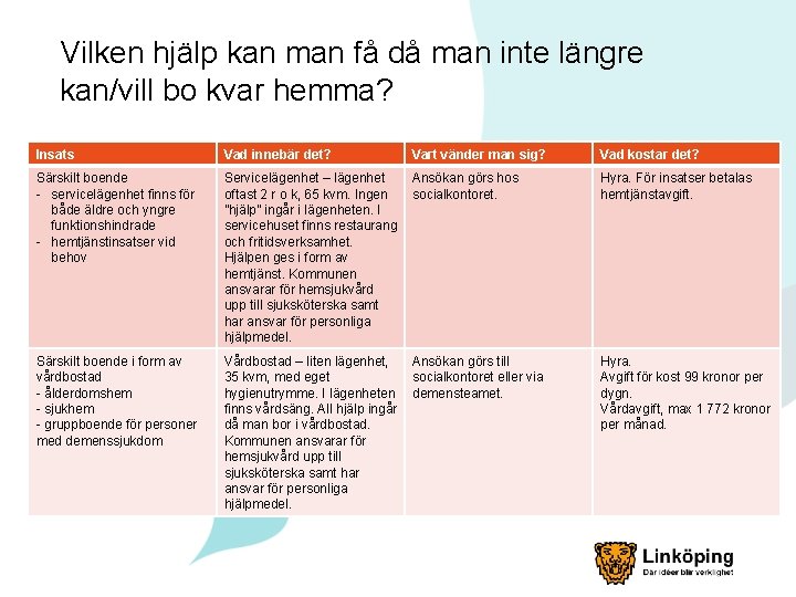 Vilken hjälp kan man få då man inte längre kan/vill bo kvar hemma? Insats