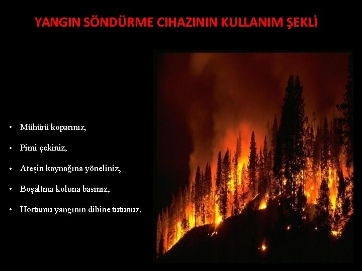 YANGIN SÖNDÜRME CIHAZININ KULLANIM ŞEKLİ • Mühürü koparınız, • Pimi çekiniz, • Ateşin kaynağına