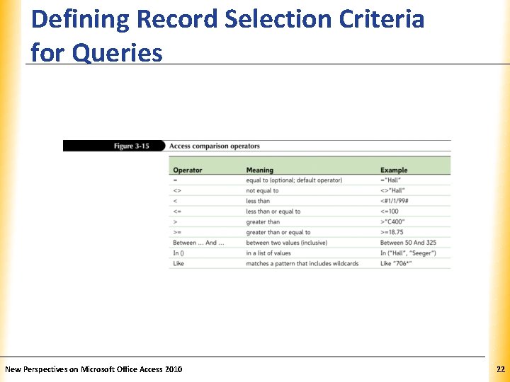 Defining Record Selection Criteria for Queries New Perspectives on Microsoft Office Access 2010 XP