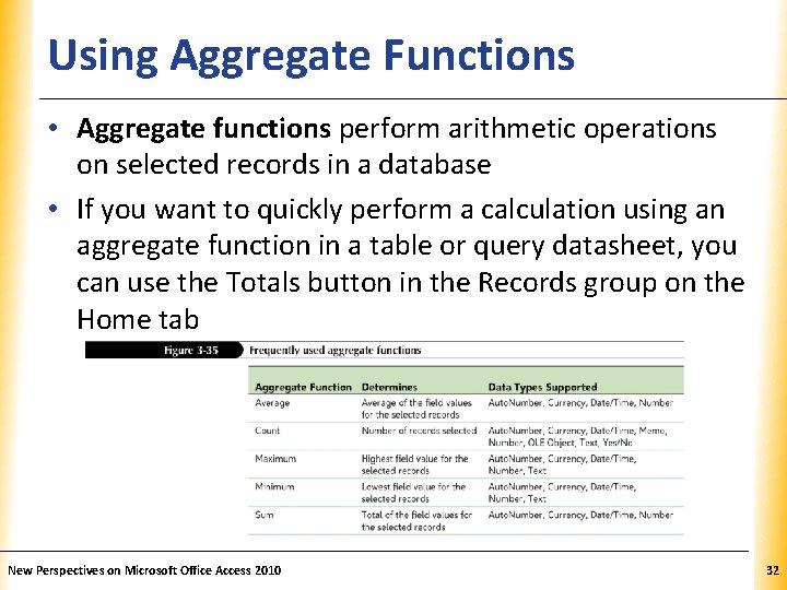 Using Aggregate Functions XP • Aggregate functions perform arithmetic operations on selected records in