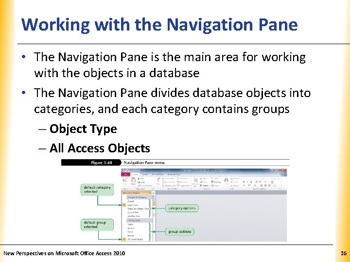 Working with the Navigation Pane XP • The Navigation Pane is the main area