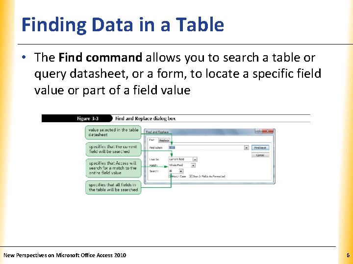 Finding Data in a Table XP • The Find command allows you to search