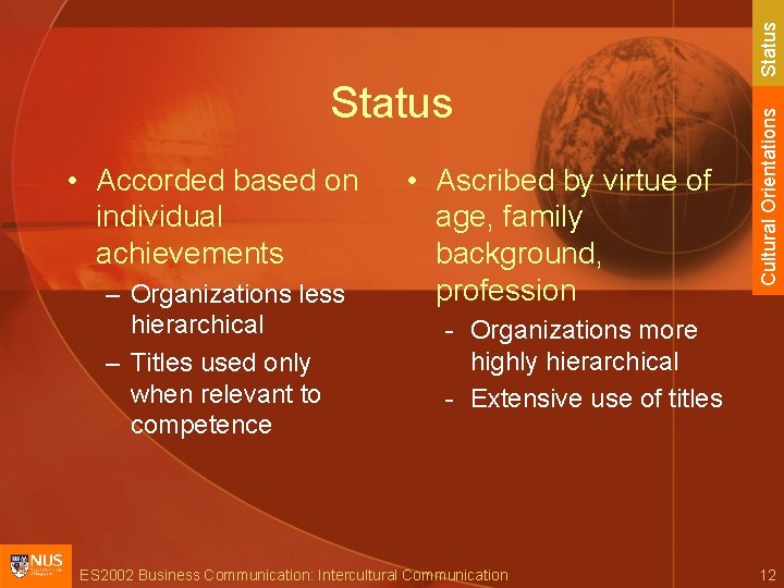 Status • Accorded based on individual achievements – Organizations less hierarchical – Titles used