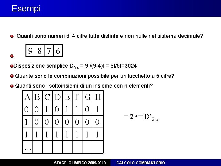 Esempi Quanti sono numeri di 4 cifre tutte distinte e non nulle nel sistema