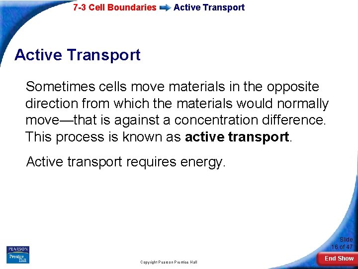 7 -3 Cell Boundaries Active Transport Sometimes cells move materials in the opposite direction