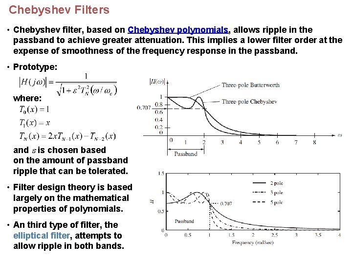 Chebyshev Filters • Chebyshev filter, based on Chebyshev polynomials, allows ripple in the passband