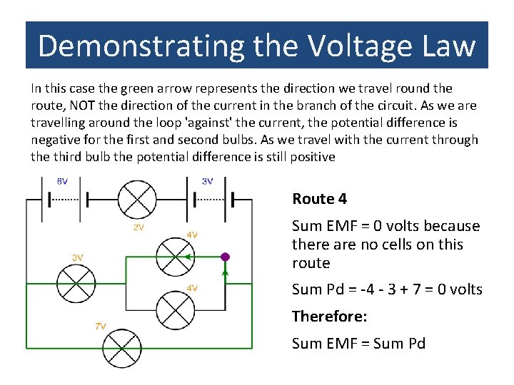 Demonstrating the Voltage Law In this case the green arrow represents the direction we