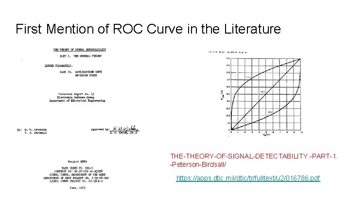 First Mention of ROC Curve in the Literature THE-THEORY-OF-SIGNAL-DETECTABILITY. -PART-1. -Peterson-Birdsall/ https: //apps. dtic.