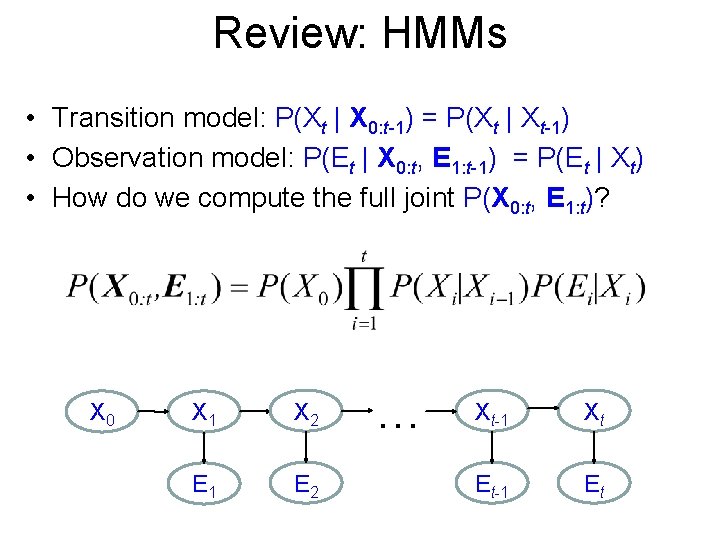 Review: HMMs • Transition model: P(Xt | X 0: t-1) = P(Xt | Xt-1)