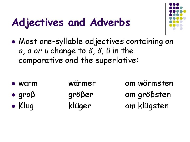 Adjectives and Adverbs l l Most one-syllable adjectives containing an a, o or u Adjectives and Adverbs l l Most one-syllable adjectives containing an a, o or u
