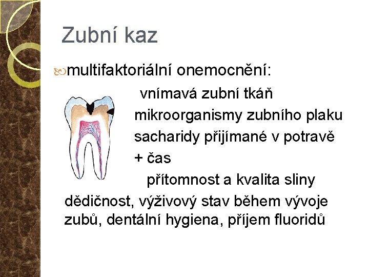 Zubní kaz multifaktoriální onemocnění: vnímavá zubní tkáň mikroorganismy zubního plaku sacharidy přijímané v potravě