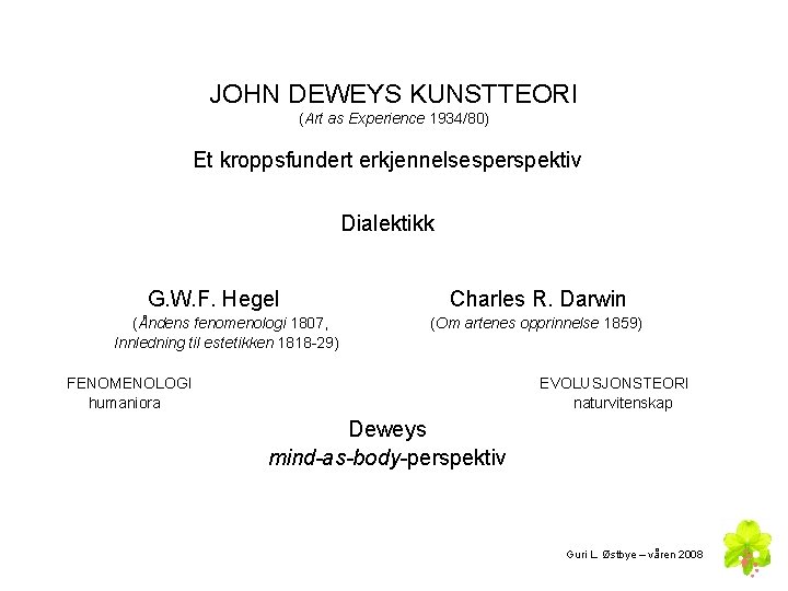 JOHN DEWEYS KUNSTTEORI (Art as Experience 1934/80) Et kroppsfundert erkjennelsesperspektiv Dialektikk G. W. F.