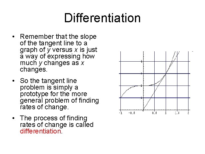 Differentiation • Remember that the slope of the tangent line to a graph of