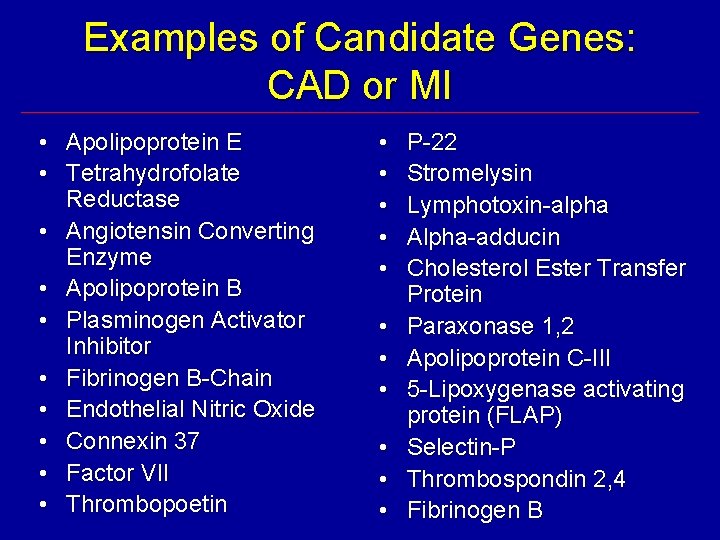 Examples of Candidate Genes: CAD or MI • Apolipoprotein E • Tetrahydrofolate Reductase •