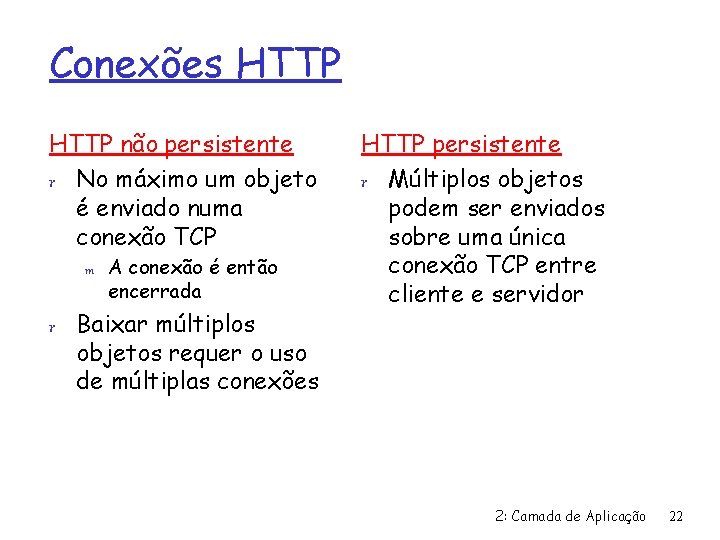 Conexões HTTP não persistente r No máximo um objeto é enviado numa conexão TCP