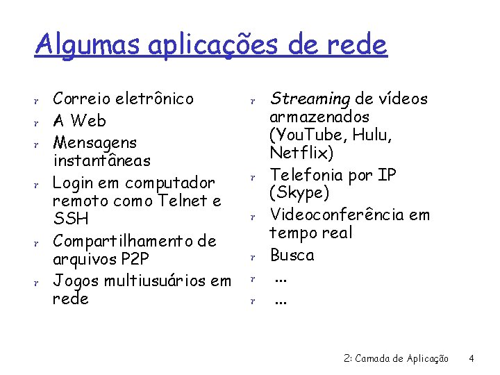 Algumas aplicações de rede r Correio eletrônico r A Web r Streaming de vídeos