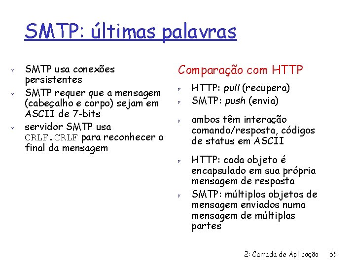 SMTP: últimas palavras r r r SMTP usa conexões persistentes SMTP requer que a