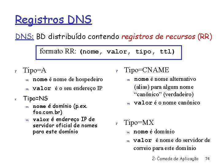 Registros DNS: BD distribuído contendo registros de recursos (RR) formato RR: (nome, valor, tipo,