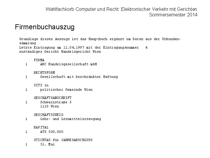 Wahlfachkorb Computer und Recht: Elektronischer Verkehr mit Gerichten Sommersemester 2014 Firmenbuchauszug Grundlage dieses Auszugs