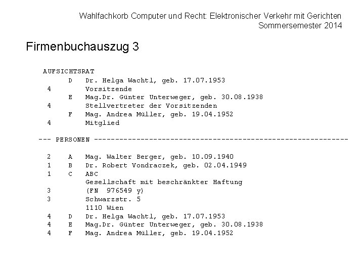 Wahlfachkorb Computer und Recht: Elektronischer Verkehr mit Gerichten Sommersemester 2014 Firmenbuchauszug 3 AUFSICHTSRAT D