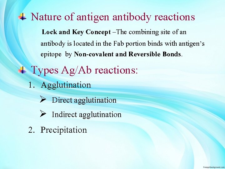 Nature of antigen antibody reactions Lock and Key Concept –The combining site of an