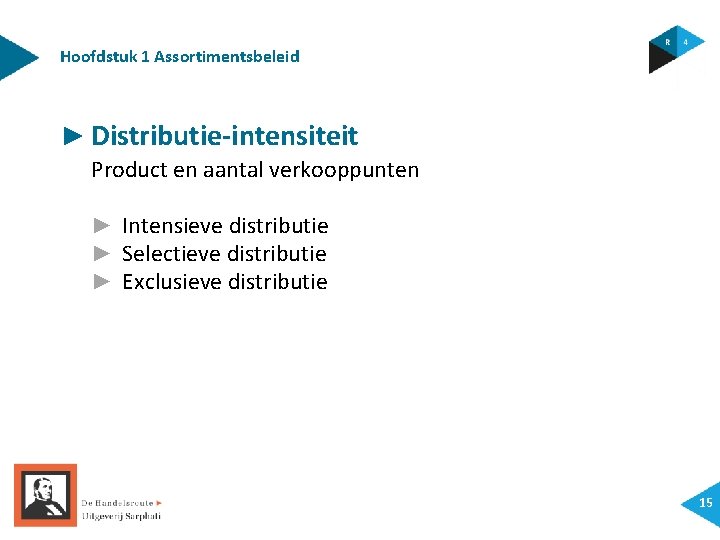 Hoofdstuk 1 Assortimentsbeleid ► Distributie-intensiteit Product en aantal verkooppunten ► Intensieve distributie ► Selectieve