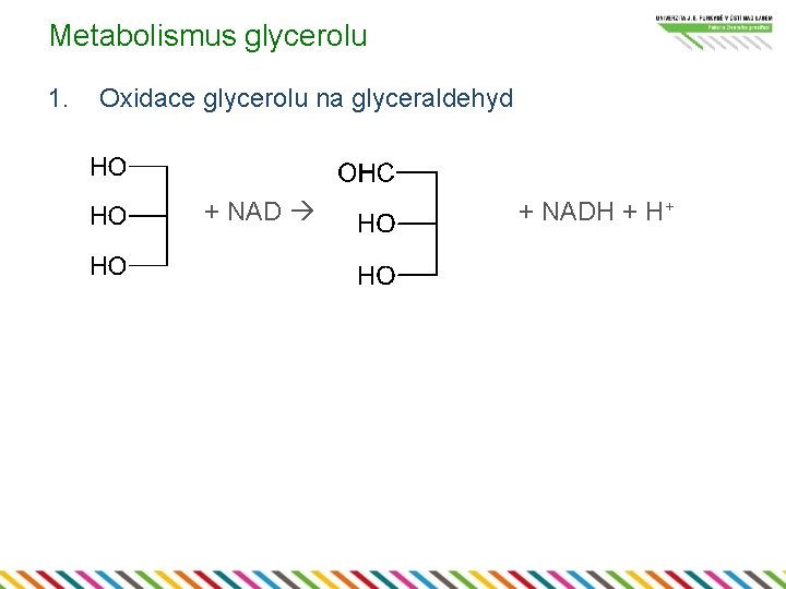 Metabolismus glycerolu 1. Oxidace glycerolu na glyceraldehyd + NADH + H+ 