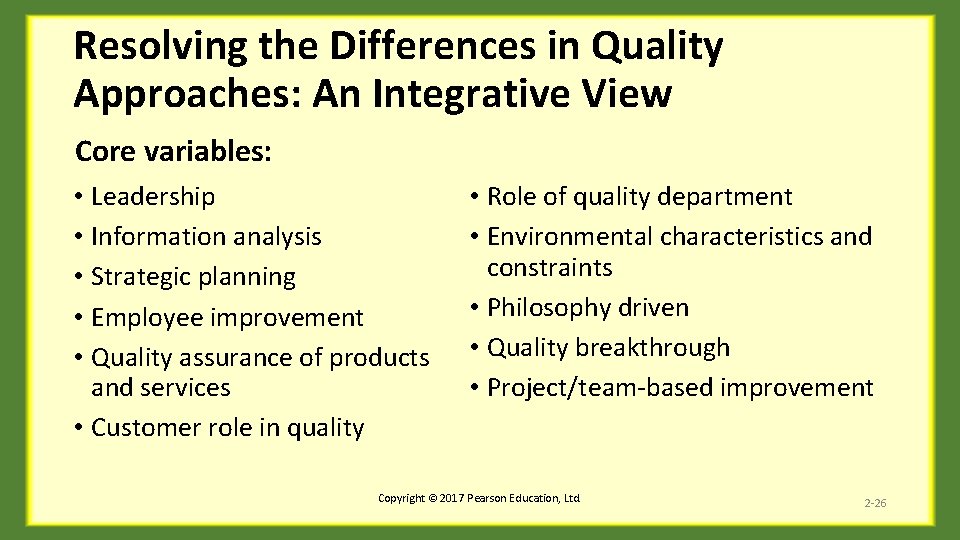 Resolving the Differences in Quality Approaches: An Integrative View Core variables: • Leadership •