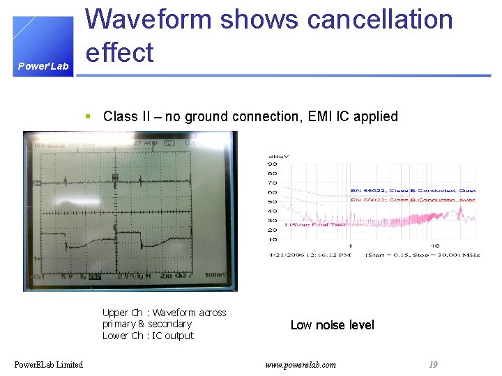 Powere. Lab Waveform shows cancellation effect § Class II – no ground connection, EMI