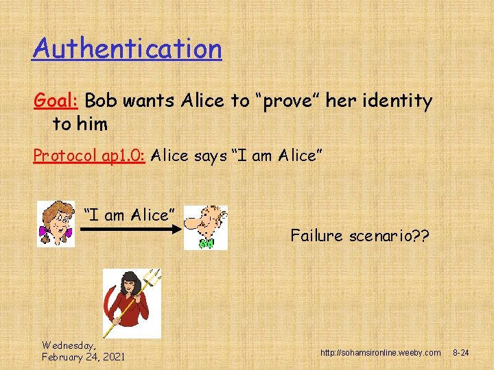 Authentication Goal: Bob wants Alice to “prove” her identity to him Protocol ap 1.