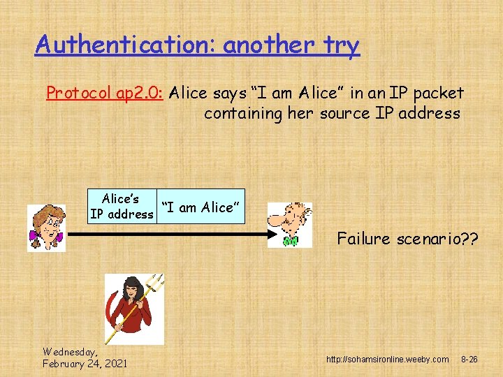 Authentication: another try Protocol ap 2. 0: Alice says “I am Alice” in an