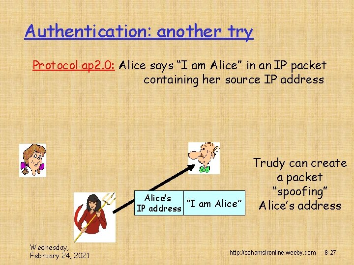 Authentication: another try Protocol ap 2. 0: Alice says “I am Alice” in an