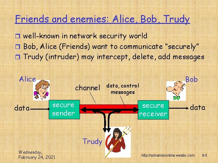 Friends and enemies: Alice, Bob, Trudy r well-known in network security world r Bob,