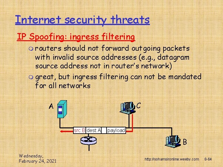 Internet security threats IP Spoofing: ingress filtering m routers should not forward outgoing packets