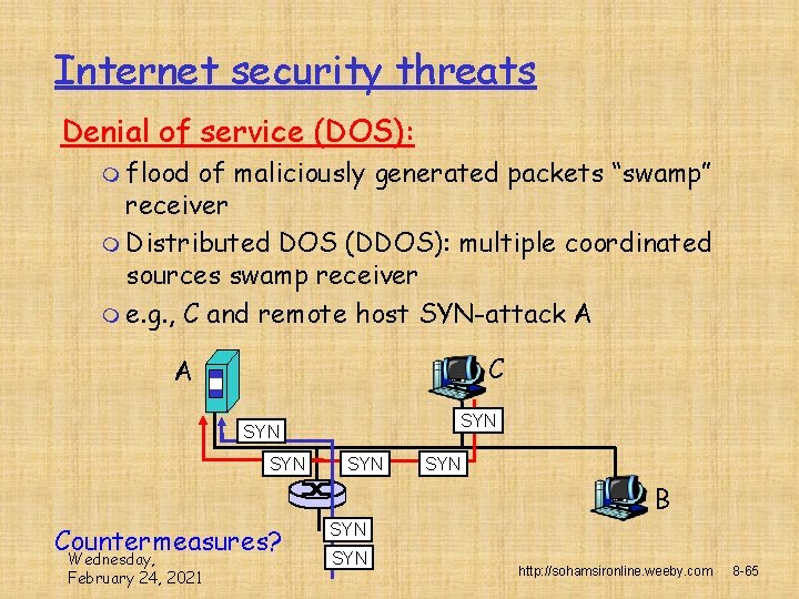 Internet security threats Denial of service (DOS): m flood of maliciously generated packets “swamp”