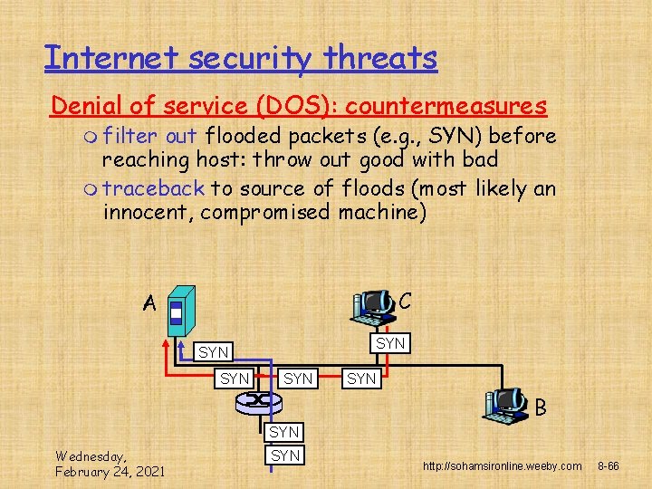 Internet security threats Denial of service (DOS): countermeasures m filter out flooded packets (e.