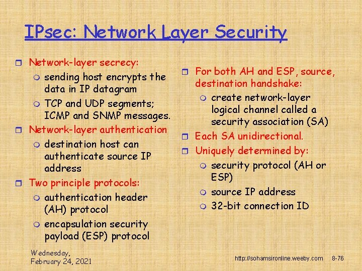 IPsec: Network Layer Security r Network-layer secrecy: sending host encrypts the data in IP