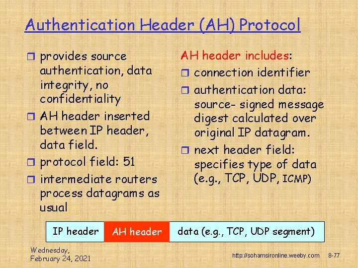 Authentication Header (AH) Protocol r provides source authentication, data integrity, no confidentiality r AH