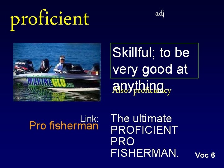 proficient adj Skillful; to be very good at anything Also: proficiency Link: Pro fisherman