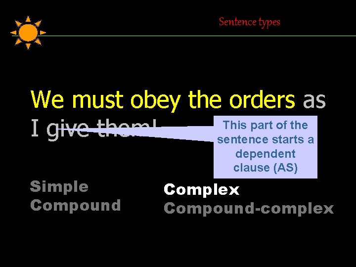Sentence types We must obey the orders as This part of the I give