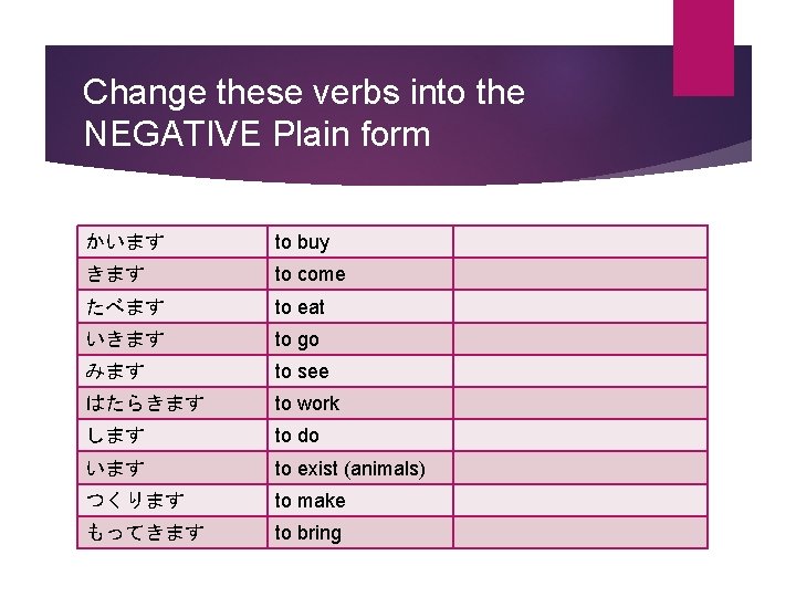 Change these verbs into the NEGATIVE Plain form かいます to buy きます to come