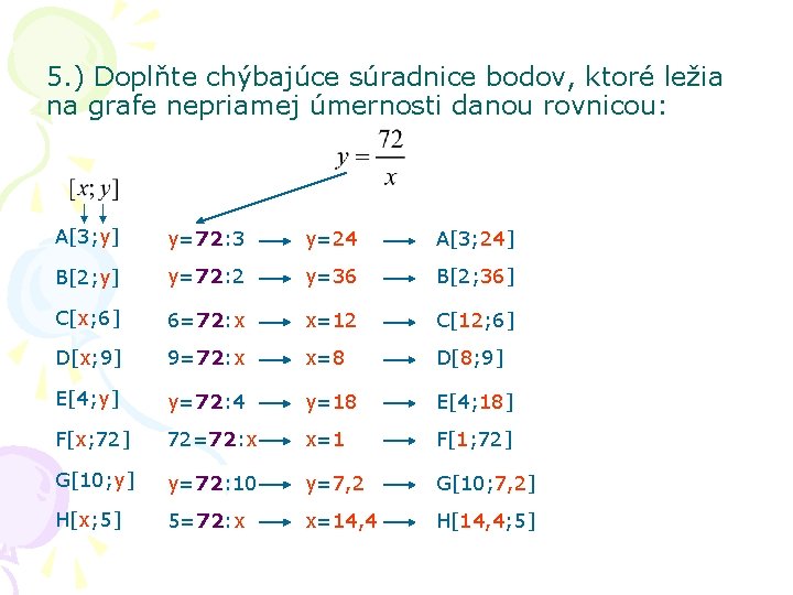 5. ) Doplňte chýbajúce súradnice bodov, ktoré ležia na grafe nepriamej úmernosti danou rovnicou: