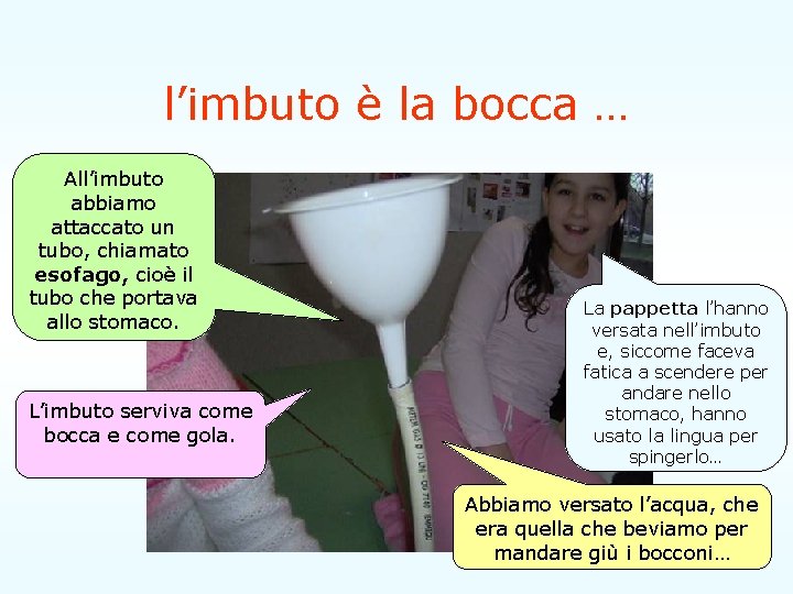 l’imbuto è la bocca … All’imbuto abbiamo attaccato un tubo, chiamato esofago, cioè il