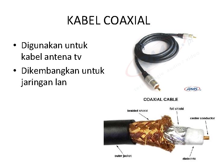 KABEL COAXIAL • Digunakan untuk kabel antena tv • Dikembangkan untuk jaringan lan 