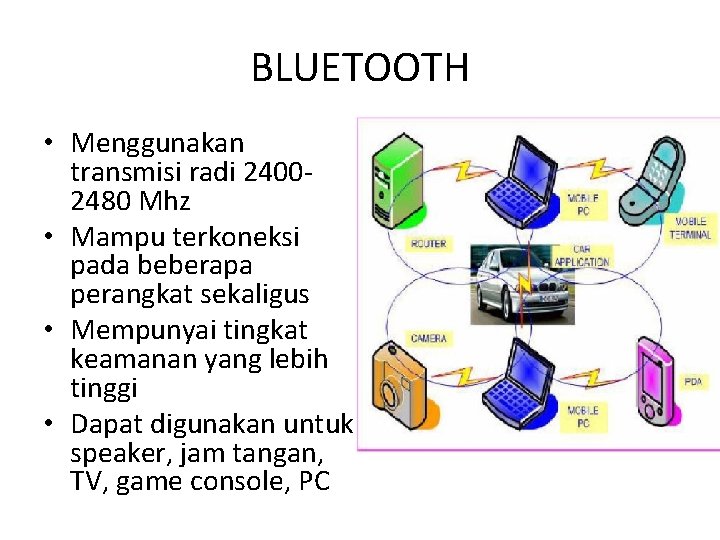 BLUETOOTH • Menggunakan transmisi radi 24002480 Mhz • Mampu terkoneksi pada beberapa perangkat sekaligus