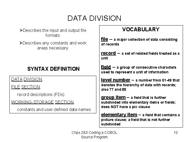 DATA DIVISION ØDescribes the input and output file formats ØDescribes any constants and work