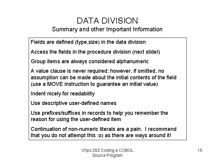 DATA DIVISION Summary and other Important Information Fields are defined (type, size) in the