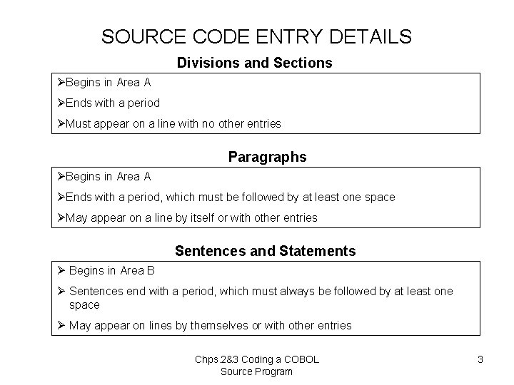 SOURCE CODE ENTRY DETAILS Divisions and Sections ØBegins in Area A ØEnds with a