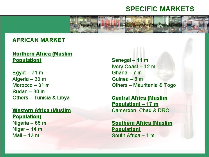 SPECIFIC MARKETS AFRICAN MARKET Northern Africa (Muslim Population) Egypt – 71 m Algeria –